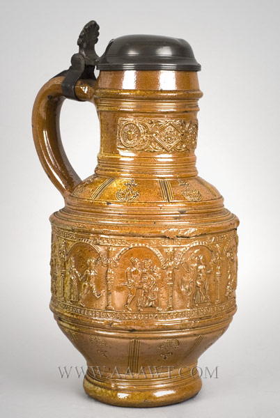 Raeren Brown Salt Glazed Stoneware Lidded Baluster Jug, Peasant Scenes
Germany, Late 16th Century… The applied body frieze is illegibly dated 156?
Waist with arcaded frieze molded with the “Peasants Wedding” dancing, entire view 4